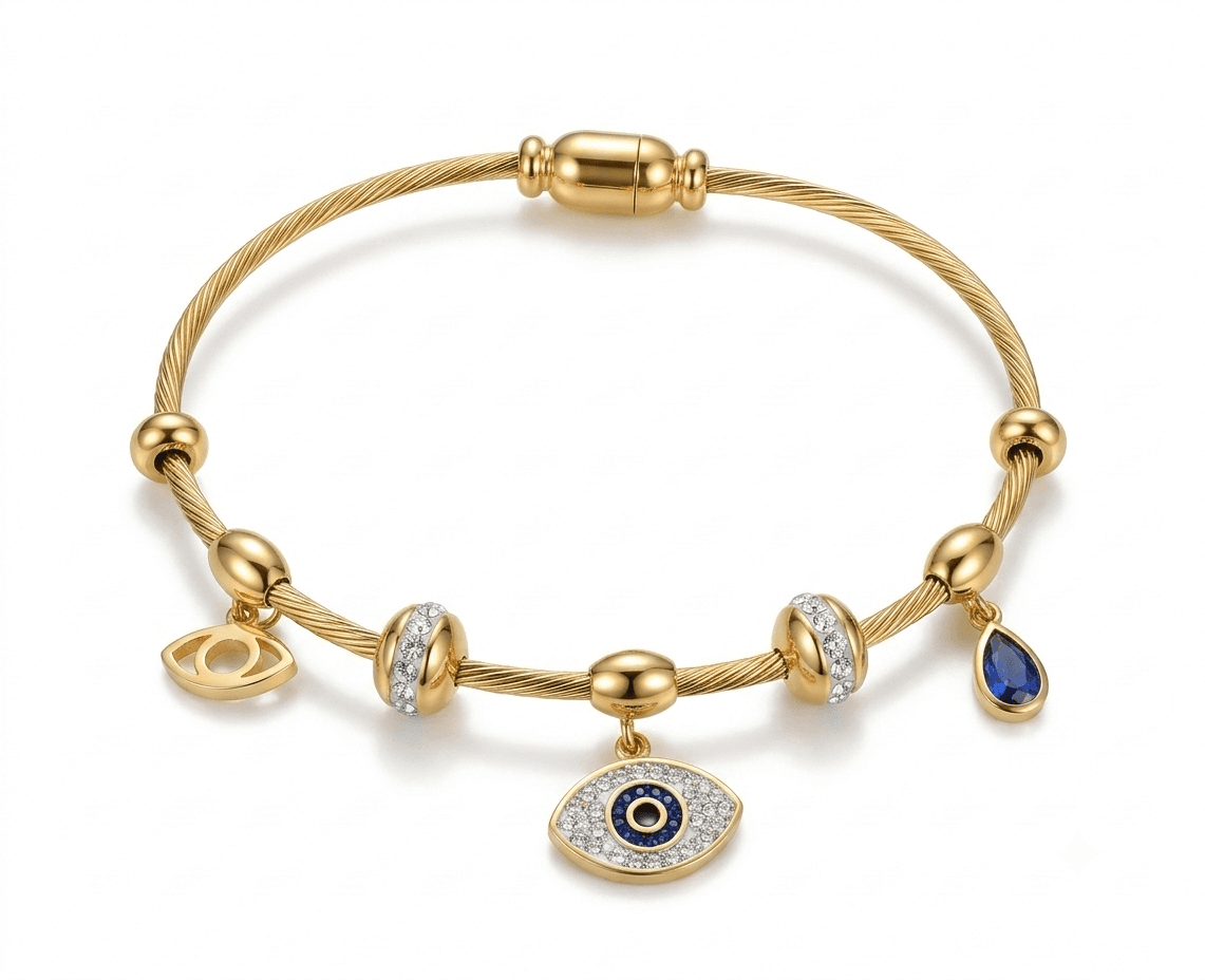 Gold-Plated Evil Eye Cable Charm Bracelet 