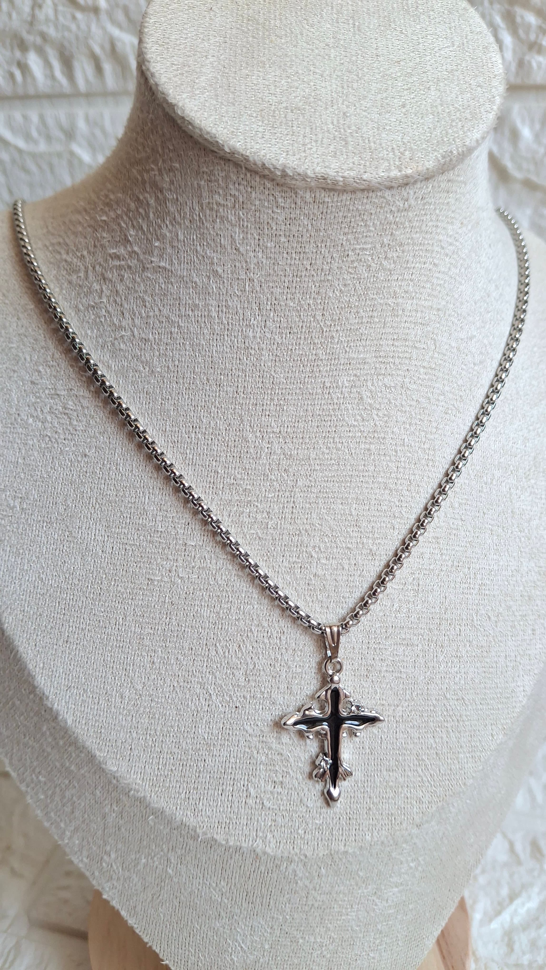 Men's Silver Black Cross Pendant Necklace