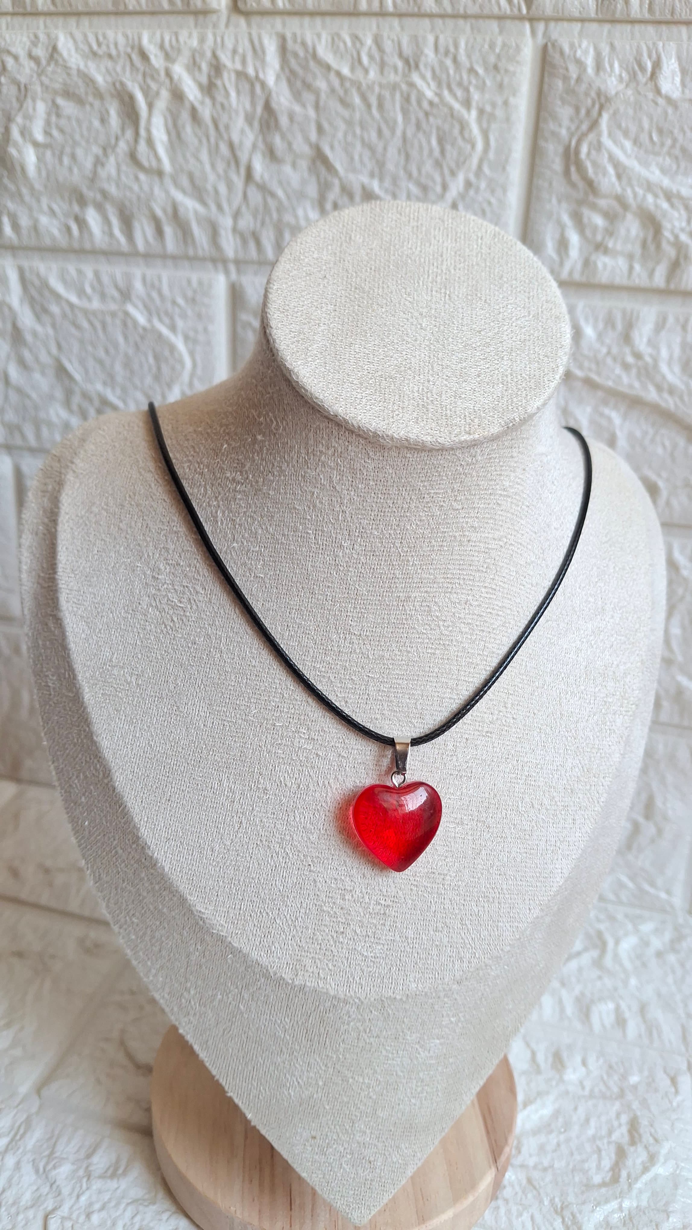 Cherry Red Heart Charm on Black Cord